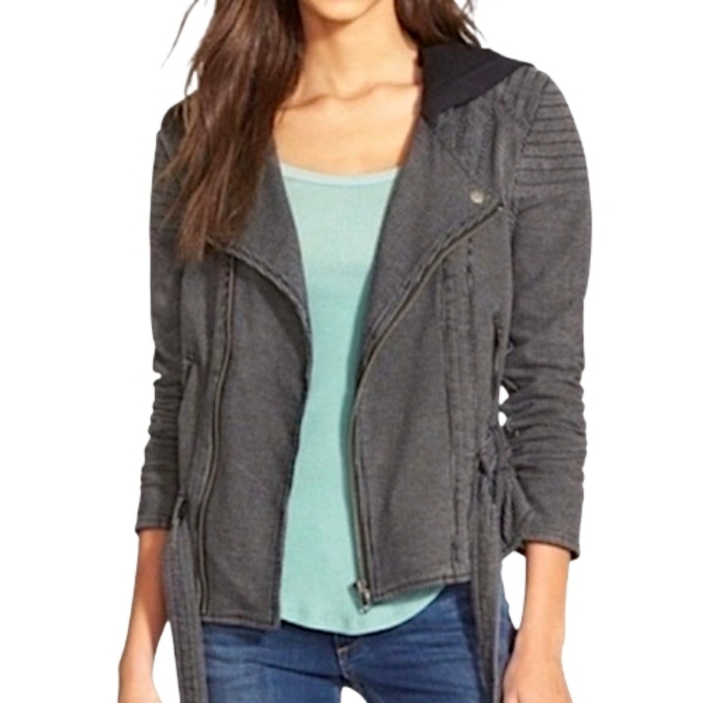 Free People Railroad Stripe Knit Hooded Moto Jacket.